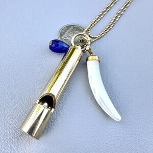 Whistle Charm Necklace MOP Horn Pendant Ball Chain Coin Gold Tone Boho Blue Gem
